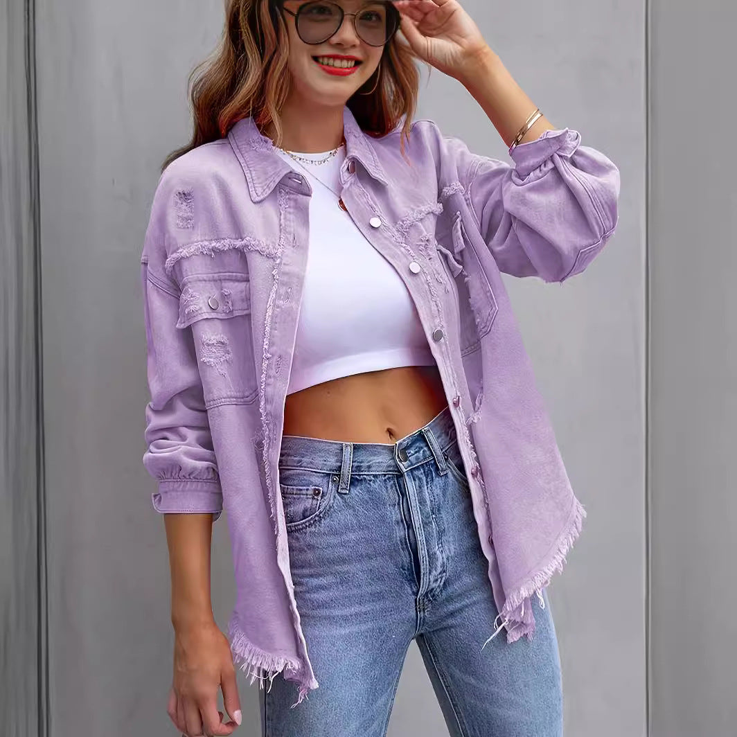 Wholesale Solid Color Medium Length Ripped Long Sleeve Denim Jacket